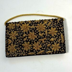 Vtg Zardozi Gold Metallic Black Hand Embroidered Evening Clutch Bag India